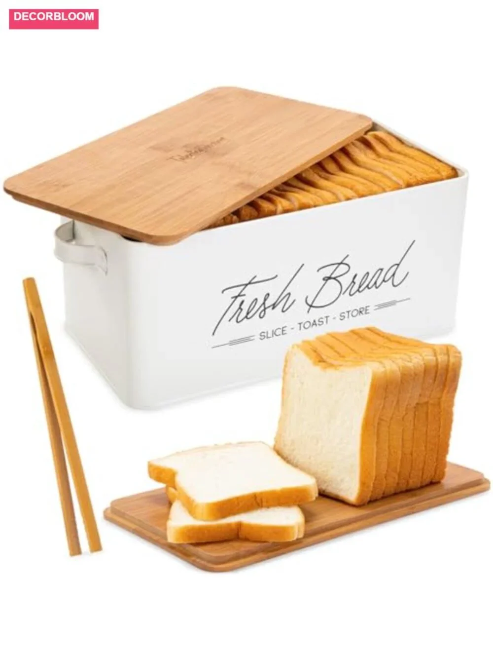White Metal Bread Box with Wood Cutting Board Lid and Side Handles